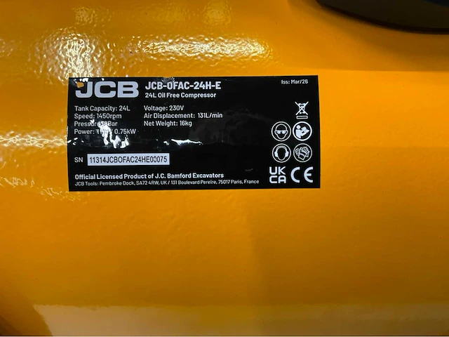 Jcb ofac-24h - hogedrukcompressor 24 liter - 8 bar - 1450rpm - 750w - afbeelding 11 van  13