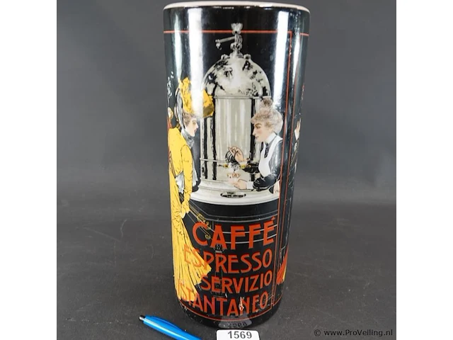 Jugendstil-stijl keramische vaas gedecoreerd met een klassieke "caffè espresso" posterprint - afbeelding 1 van  5