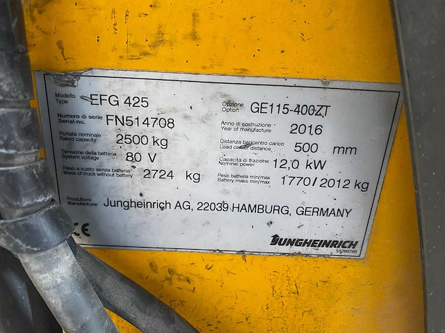 Jungheinrich - 2016 - efg425k - vorkheftruck - side-shift - afbeelding 2 van  11