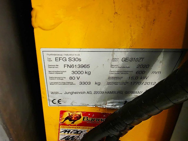 Jungheinrich - 2020 - efg s30s - 554 uren - 3.1m duplex, side-shift - vorkheftruck - afbeelding 15 van  22