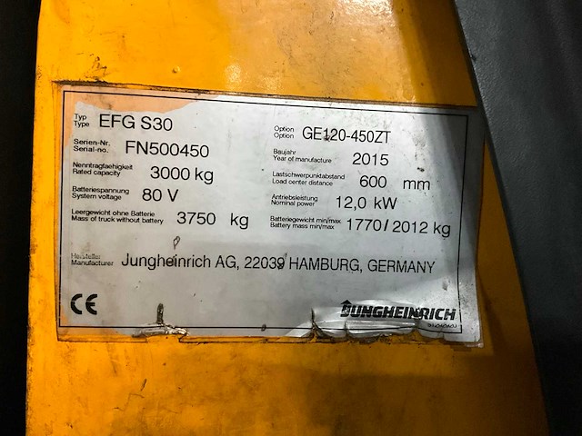 Jungheinrich - efgs30 - vorkheftruck 4.6m - sideshift - acculader - 8469 uur - redspot voor en achter - afbeelding 4 van  23