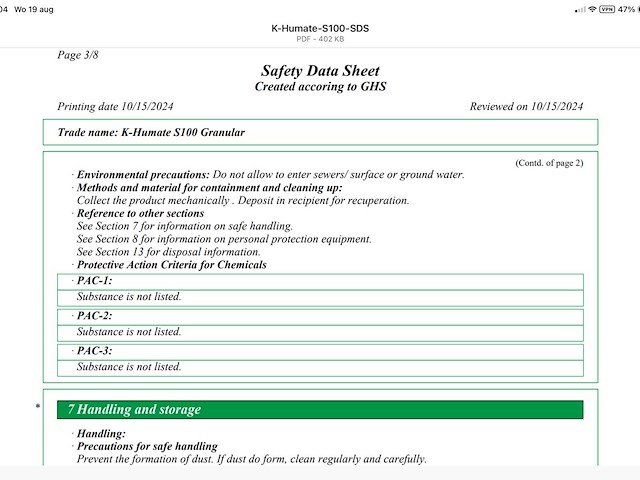 K-humate ® s100 100% oplosbare meststof en bodemverbeteraar 0-0-21k gewasbescherming en -bemesting - afbeelding 10 van  12