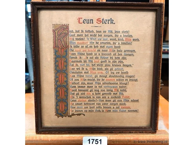 Kalligrafieprent met een christelijk gedicht dat oproept tot rotsvast vertrouwen in god, getiteld „leun sterk - afbeelding 1 van  5