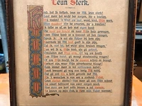 Kalligrafieprent met een christelijk gedicht dat oproept tot rotsvast vertrouwen in god, getiteld „leun sterk - afbeelding 1 van  5