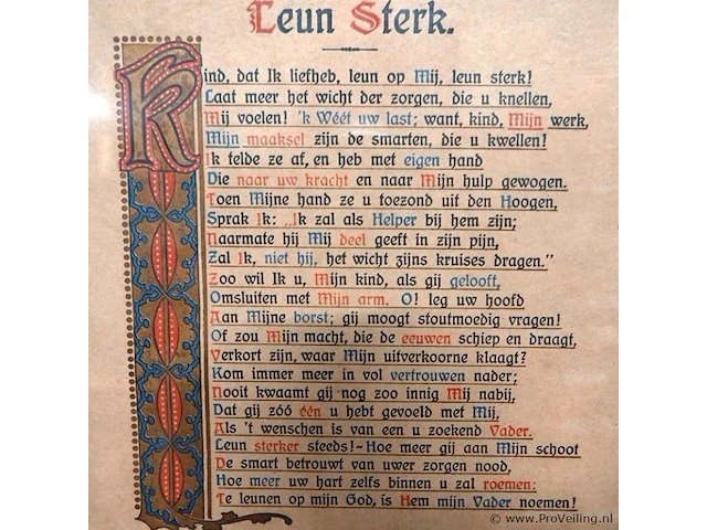 Kalligrafieprent met een christelijk gedicht dat oproept tot rotsvast vertrouwen in god, getiteld „leun sterk - afbeelding 3 van  5