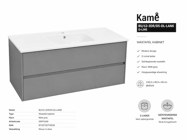 Kame badmeubel 120cm d-line matt grey - afbeelding 1 van  7