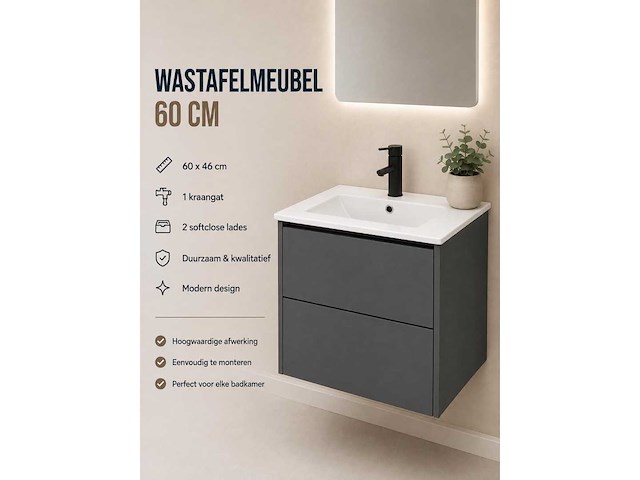 Kame d-line badmeubel matt grey 60cm - afbeelding 1 van  4
