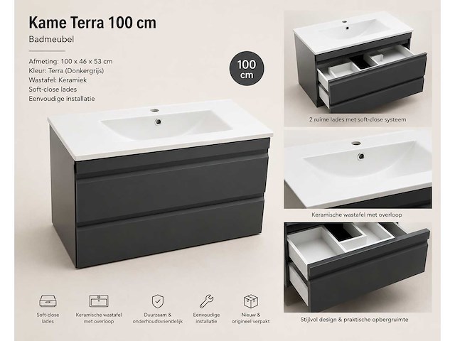 Kame terra badmeubel 100cm - afbeelding 1 van  6