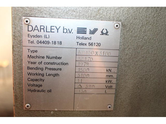 Kantbank darley ap150x 3100. bouwjaar 1978. capaciteit 150 ton. werklengte 310 cm. - afbeelding 5 van  7