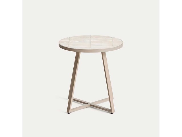 Kave home - tella - ronde tuintafel van gegalvaniseerd staal en beige tegels ø45 cm - afbeelding 1 van  4