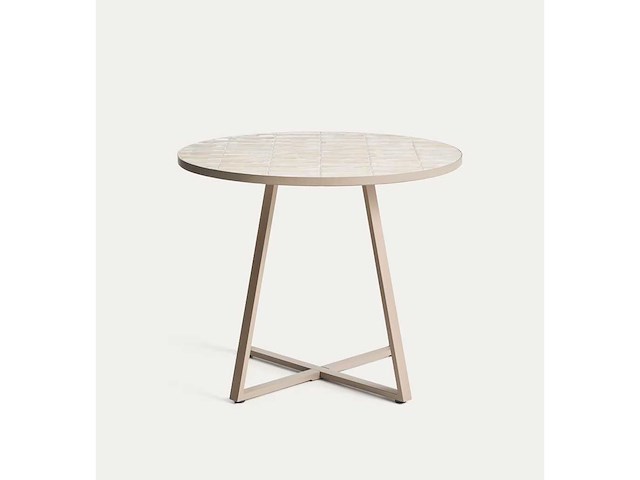 Kave home - tella - ronde tuintafel van gegalvaniseerd staal en beige tegels ø90 cm - afbeelding 1 van  6
