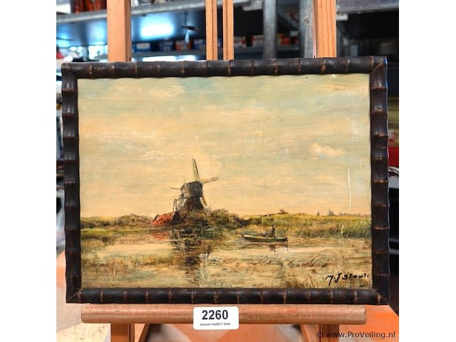 Klassiek, schilder achtig polderlandschap met een molen en een bootje aan het water, gesigneerd linkend naar de stijl van de haagse school. - afbeelding 1 van  5