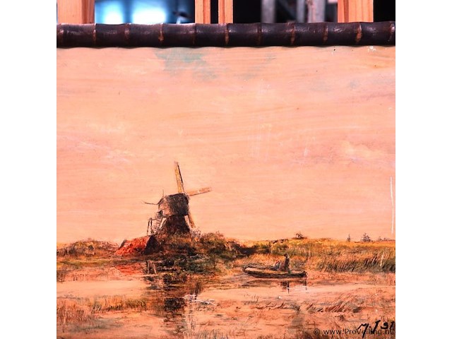 Klassiek, schilder achtig polderlandschap met een molen en een bootje aan het water, gesigneerd linkend naar de stijl van de haagse school. - afbeelding 2 van  5