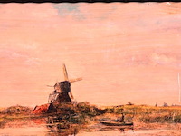 Klassiek, schilder achtig polderlandschap met een molen en een bootje aan het water, gesigneerd linkend naar de stijl van de haagse school. - afbeelding 2 van  5
