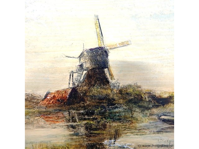 Klassiek, schilder achtig polderlandschap met een molen en een bootje aan het water, gesigneerd linkend naar de stijl van de haagse school. - afbeelding 3 van  5