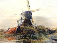Klassiek, schilder achtig polderlandschap met een molen en een bootje aan het water, gesigneerd linkend naar de stijl van de haagse school. - afbeelding 3 van  5