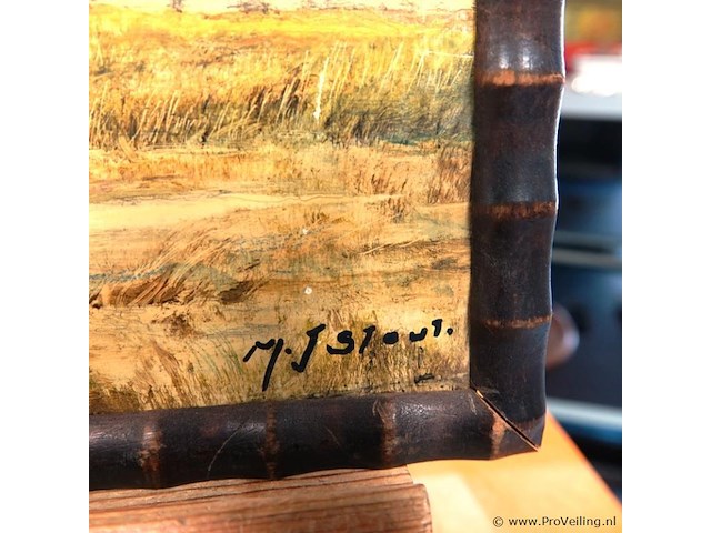 Klassiek, schilder achtig polderlandschap met een molen en een bootje aan het water, gesigneerd linkend naar de stijl van de haagse school. - afbeelding 4 van  5