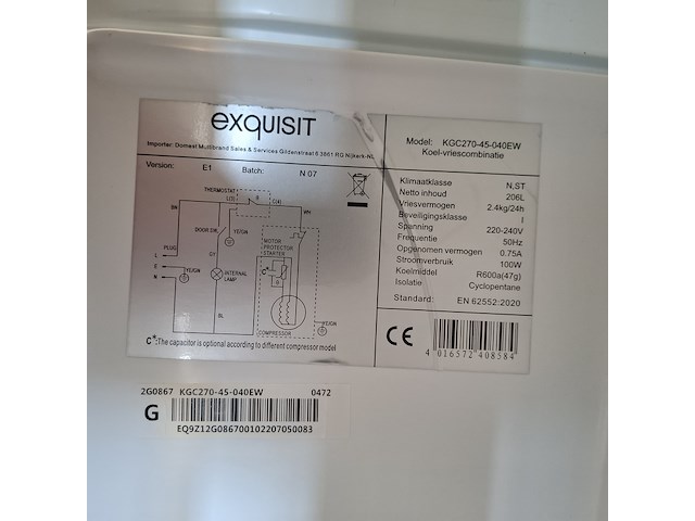 Koelkast, exquist, kgc270-45-040ew, wit - afbeelding 7 van  8