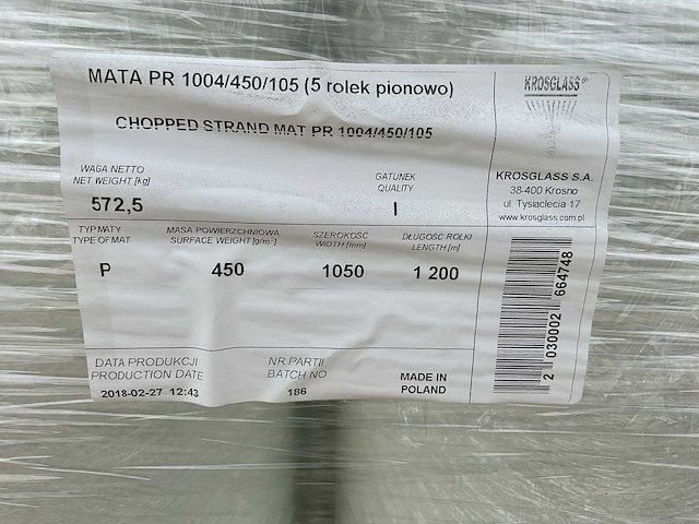 Krosglass a.s. mata pr 1004/450/105 - polyester poedergebonden glasvezelmat op rol (2290 kg) - afbeelding 3 van  3