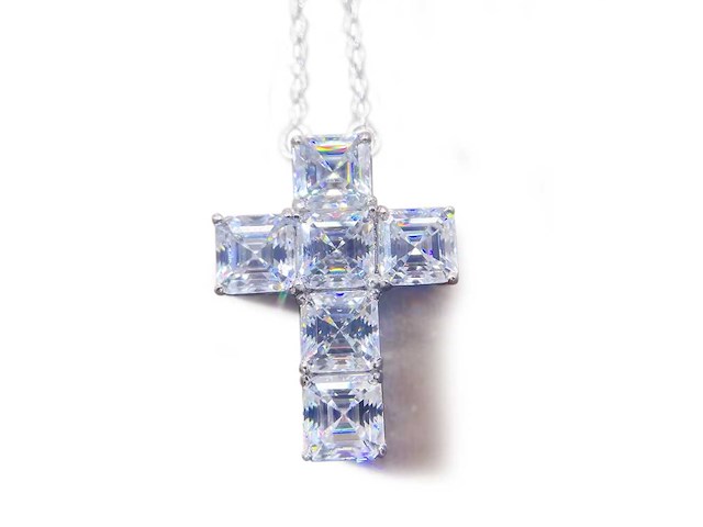 Kruishanger met asscher geslepen diamanten van hoge kwaliteit - afbeelding 1 van  7