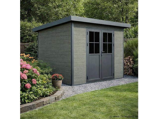 Kunststof tuinhuis 320 x 320 x 232 cm - graniet - afbeelding 1 van  4