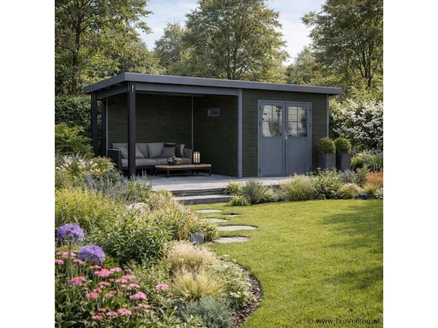 Kunststof tuinhuis met overkapping 560 x 330 x 247 cm - zwart - afbeelding 1 van  4