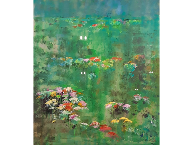 Kunstwerk, acryl op papier, maya wildevuur, bloemenveld, 1991 - afbeelding 1 van  8