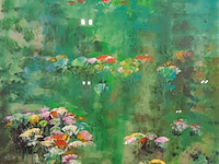 Kunstwerk, acryl op papier, maya wildevuur, bloemenveld, 1991 - afbeelding 1 van  8