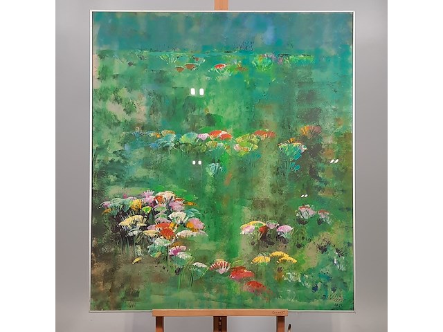 Kunstwerk, acryl op papier, maya wildevuur, bloemenveld, 1991 - afbeelding 2 van  8