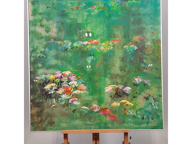 Kunstwerk, acryl op papier, maya wildevuur, bloemenveld, 1991 - afbeelding 4 van  8