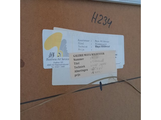 Kunstwerk, acryl op papier, maya wildevuur, bloemenveld, 1991 - afbeelding 8 van  8