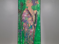 Kunstwerk, gemengde techniek, maya wildevuur, dame met pauwenveer, 1991 - afbeelding 2 van  8
