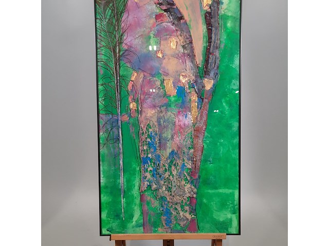 Kunstwerk, gemengde techniek, maya wildevuur, dame met pauwenveer, 1991 - afbeelding 4 van  8