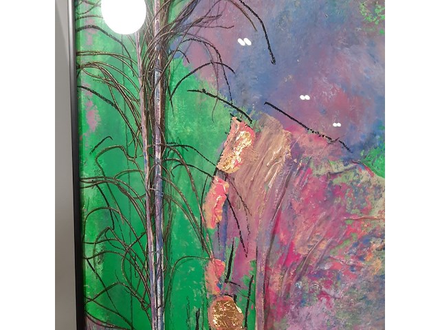 Kunstwerk, gemengde techniek, maya wildevuur, dame met pauwenveer, 1991 - afbeelding 5 van  8