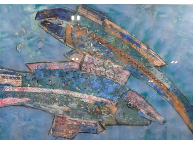 Kunstwerk, gemengde techniek, maya wildevuur, vis, 1990 - afbeelding 1 van  8