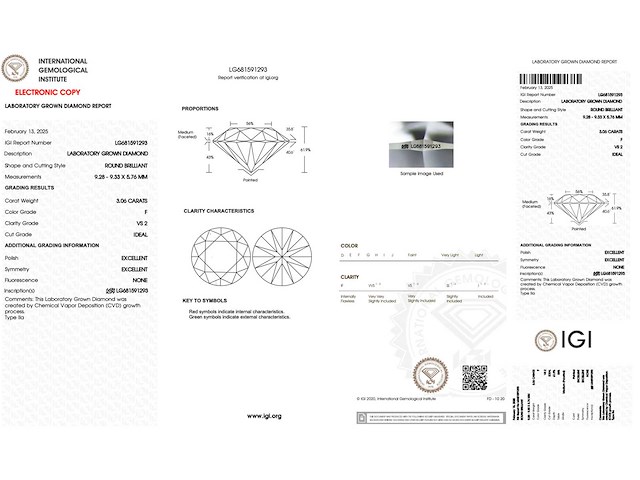 Lab-grown diamant 3.06 ct briljant geslepen los - afbeelding 2 van  2
