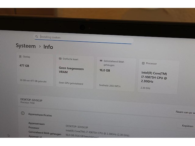 Laptop dell model precision 7550 met 16 gb ram, 500 gb ssd en intel core i7-10875h cpu met windows 11 pro. - afbeelding 2 van  4