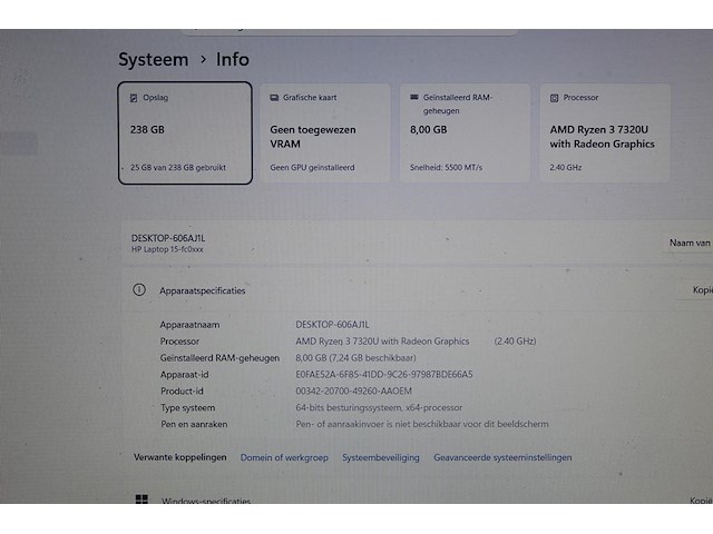 Laptop hp i5-fcoxx. 238 gb opslag. 8gb ram. amd ryzen 3 7320u 2.40 ghz processor. - afbeelding 3 van  4