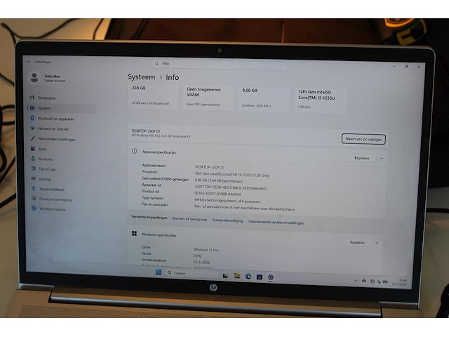 Laptop hp probook 450 g9, 8 gb ram, 238 gb hdd, 12th gen intel core i5-1235u. - afbeelding 3 van  4