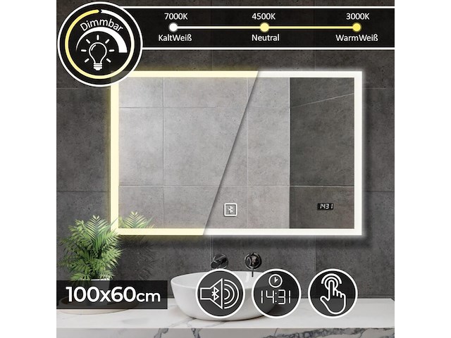 Led badkamerspiegel 100x60 cm bt-luidspreker, 1x led badkamerspiegel 100x60 cm, aquamarin - afbeelding 1 van  5