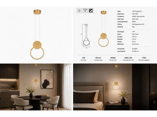 Led hanglamp 11w – 4000k neutraal wit - goud – ip20 – forever - afbeelding 5 van  5