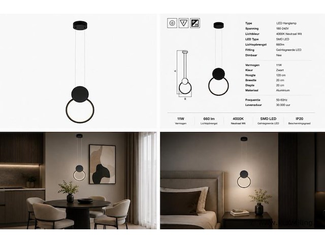 Led hanglamp 11w – 4000k neutraal wit - zwart – ip20 – forever - afbeelding 5 van  5