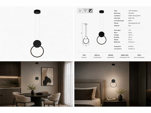 Led hanglamp 11w – 4000k neutraal wit - zwart – ip20 – forever - afbeelding 5 van  5