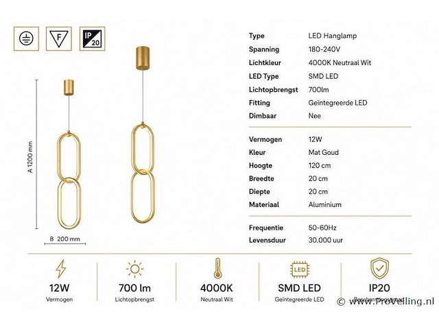 Led hanglamp 12w – 4000k neutraal wit - goud – ip20 – santana - afbeelding 4 van  5