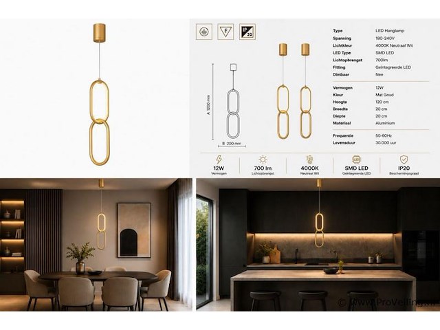 Led hanglamp 12w – 4000k neutraal wit - goud – ip20 – santana - afbeelding 5 van  5