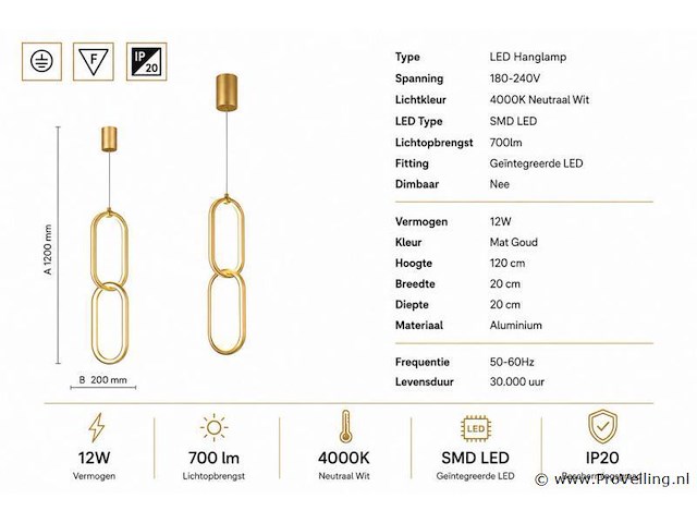 Led hanglamp 12w – 4000k neutraal wit - goud – ip20 – santana - afbeelding 4 van  5