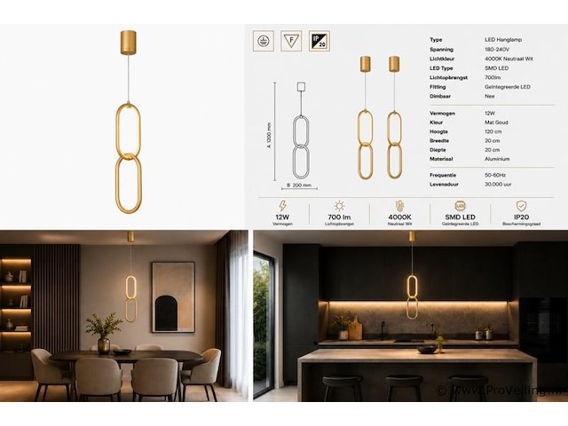 Led hanglamp 12w – 4000k neutraal wit - goud – ip20 – santana - afbeelding 5 van  5