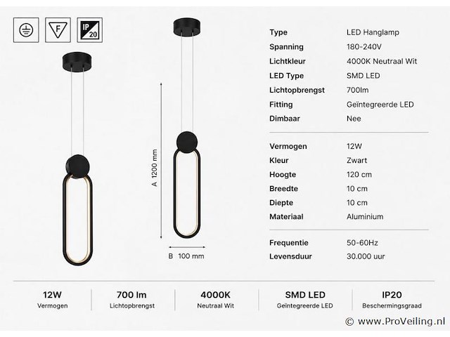 Led hanglamp 12w – 4000k neutraal wit - zwart – ip20 – always - afbeelding 4 van  5