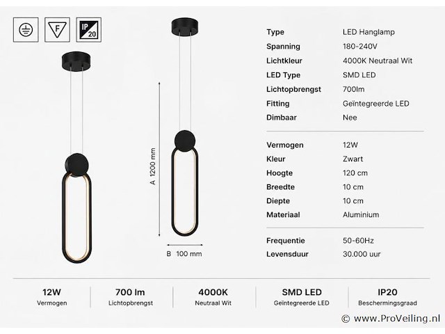 Led hanglamp 12w – 4000k neutraal wit - zwart – ip20 – always - afbeelding 4 van  5