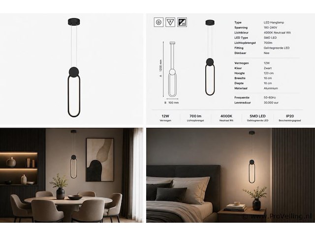 Led hanglamp 12w – 4000k neutraal wit - zwart – ip20 – always - afbeelding 5 van  5
